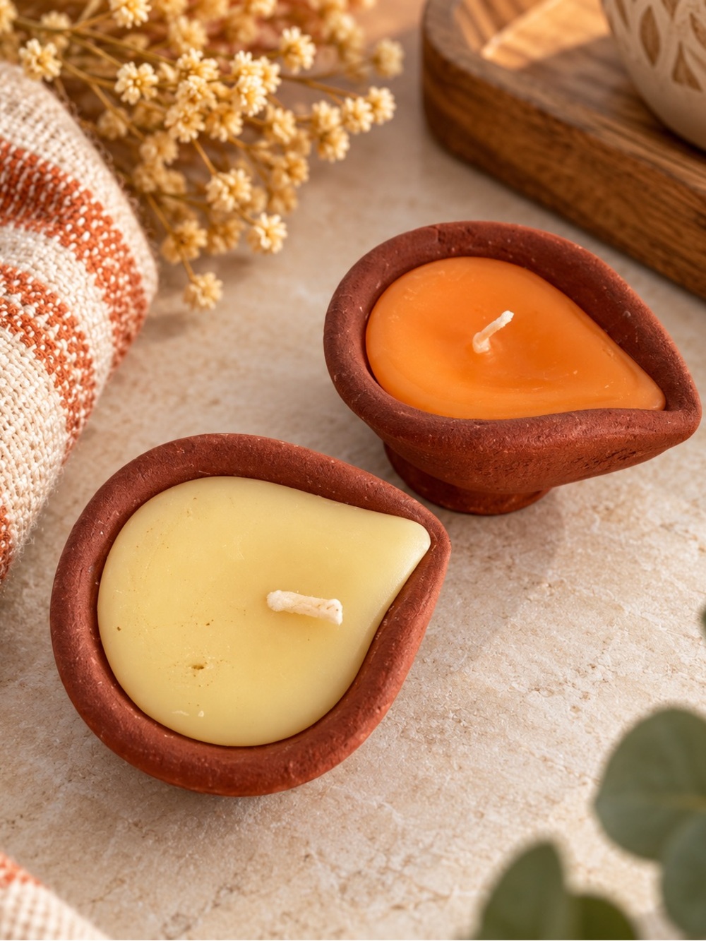 Handmade Terracotta Teardrop Tea Light Candles - Orange & Cream